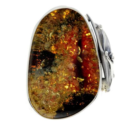 925 Sterling Silver & Genuine Green Baltic Amber Unique Ring - RG0725