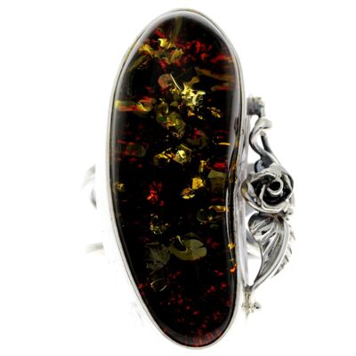 925 Sterling Silver & Genuine Green Baltic Amber Unique Ring - RG0723