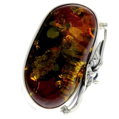 925 Sterling Silver & Genuine Green Baltic Amber Unique Ring - RG0722
