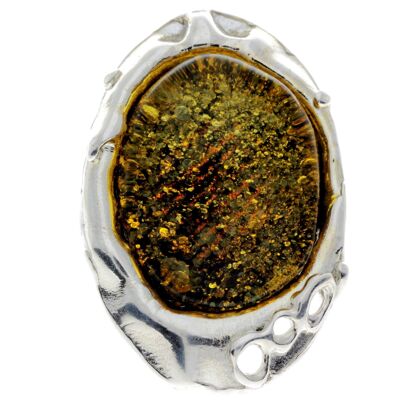 925 Sterling Silver & Genuine Green Baltic Amber Unique Ring - RG0719