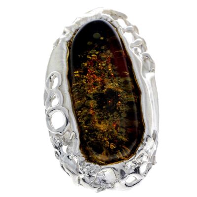 925 Sterling Silver & Genuine Green Baltic Amber Unique Ring - RG0717