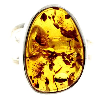 925 Sterling Silver & Genuine Cognac Baltic Amber Unique Ring - RG0715
