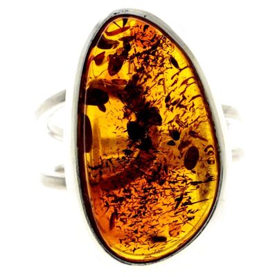 925 Sterling Silver & Genuine Cognac Baltic Amber Unique Ring - RG0714