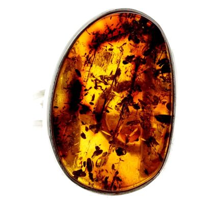 925 Sterling Silver & Genuine Cognac Baltic Amber Unique Ring - RG0709