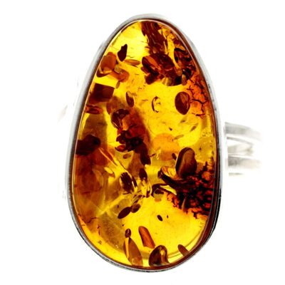 925 Sterling Silver & Genuine Cognac Baltic Amber Unique Ring - RG0708