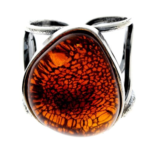 925 Sterling Silver & Genuine Cognac Baltic Amber Unique Ring - RG0707
