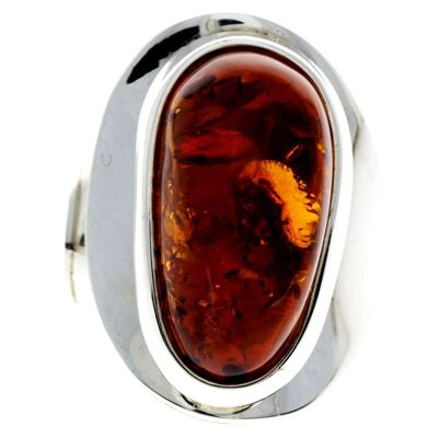 925 Sterling Silver & Genuine Cognac Baltic Amber Unique Ring - RG0702