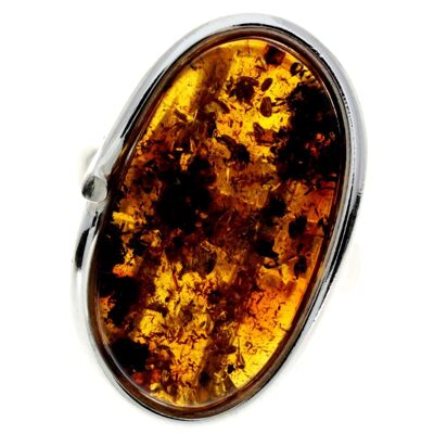 925 Sterling Silver & Genuine Cognac Baltic Amber Unique Ring - RG0701