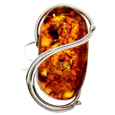 925 Sterling Silver & Genuine Cognac Baltic Amber Unique Ring - RG0700