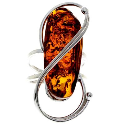 925 Sterling Silver & Genuine Cognac Baltic Amber Unique Ring - RG0699