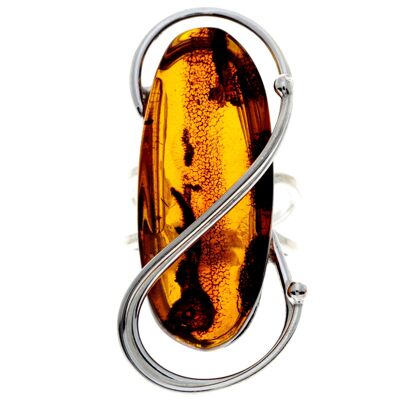 Anello unico in argento sterling 925 e vera ambra baltica Cognac - RG0698