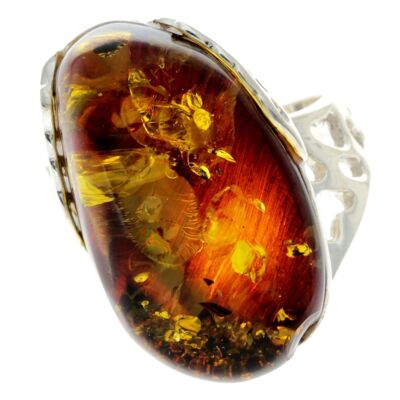 925 Sterling Silver & Genuine Green Baltic Amber Unique Ring - RG0696