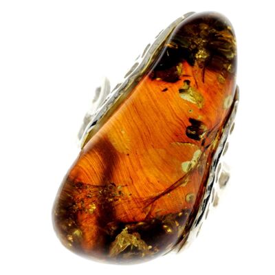 925 Sterling Silver & Genuine Green Baltic Amber Unique Ring - RG0695