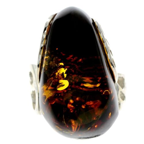 925 Sterling Silver & Genuine Green Baltic Amber Unique Ring - RG0693