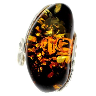 925 Sterling Silver & Genuine Green Baltic Amber Unique Ring - RG0692