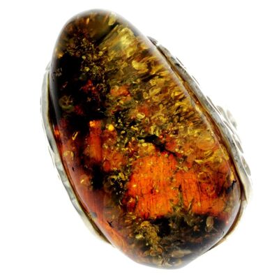 925 Sterling Silver & Genuine Green Baltic Amber Unique Ring - RG0691