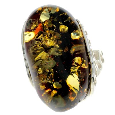 925 Sterling Silver & Genuine Green Baltic Amber Unique Ring - RG0690