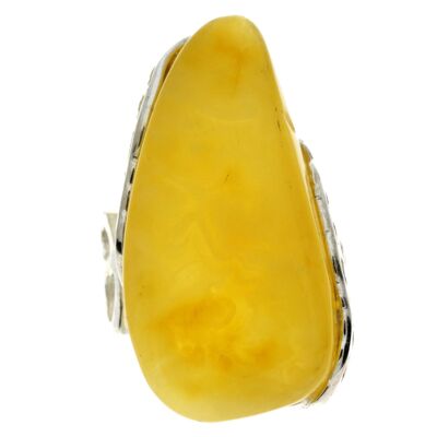 925 Sterling Silver & Genuine Lemon Baltic Amber Unique Ring - RG0687