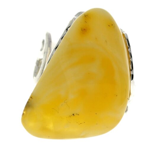 925 Sterling Silver & Genuine Lemon Baltic Amber Unique Ring - RG0684