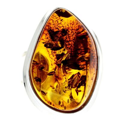 925 Sterling Silver & Genuine Cognac Baltic Amber Unique Ring - RG0679