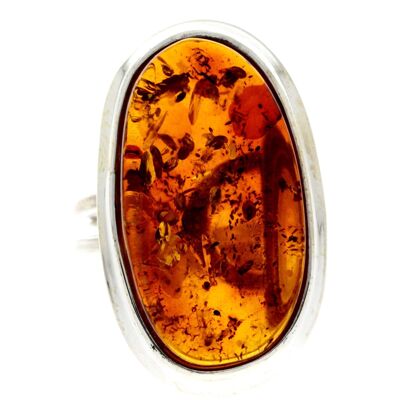 Anello unico in argento sterling 925 e vera ambra baltica Cognac - RG0678