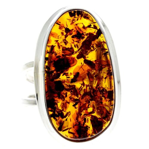 925 Sterling Silver & Genuine Cognac Baltic Amber Unique Ring - RG0677