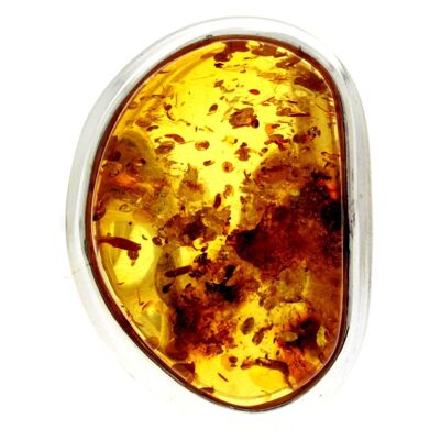 925 Sterling Silver & Genuine Cognac Baltic Amber Unique Ring - RG0676