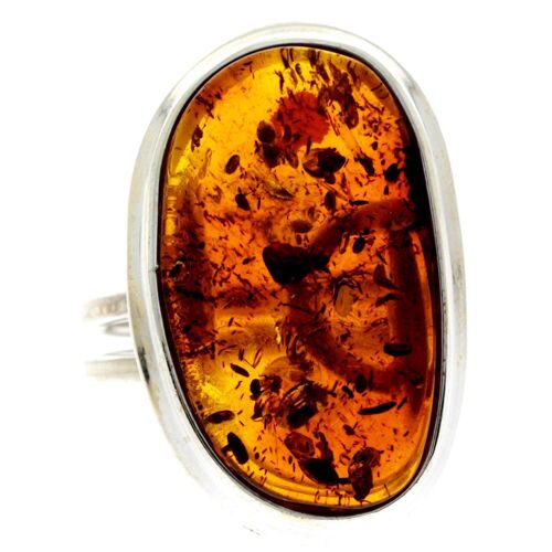 925 Sterling Silver & Genuine Cognac Baltic Amber Unique Ring - RG0674
