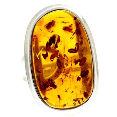 925 Sterling Silver & Genuine Cognac Baltic Amber Unique Ring - RG0673