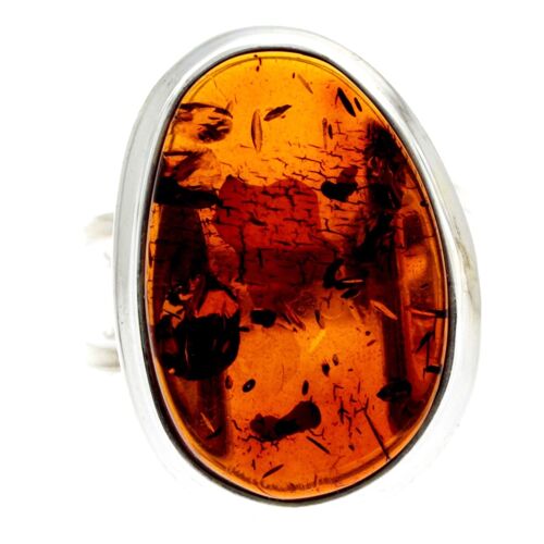 925 Sterling Silver & Genuine Cognac Baltic Amber Unique Ring - RG0669