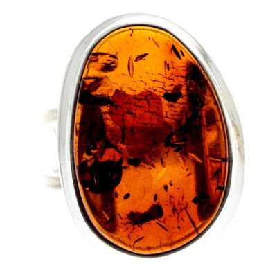 925 Sterling Silver & Genuine Cognac Baltic Amber Unique Ring - RG0669