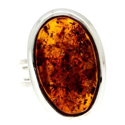 925 Sterling Silver & Genuine Cognac Baltic Amber Unique Ring - RG0666