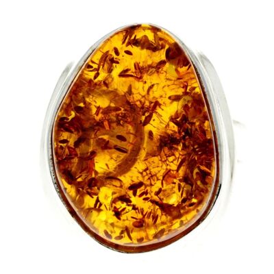 925 Sterling Silver & Genuine Cognac Baltic Amber Unique Ring - RG0665