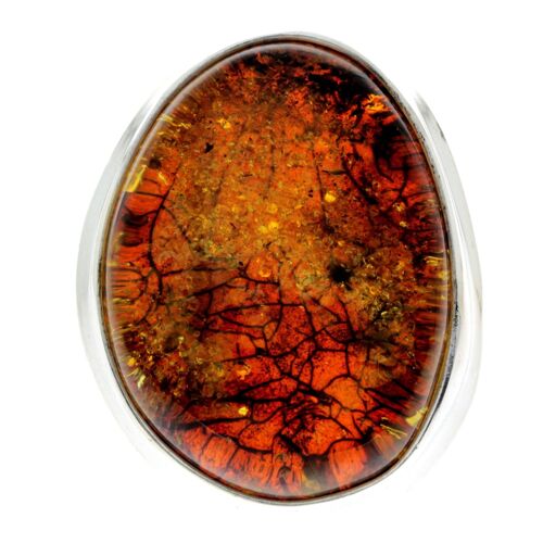 925 Sterling Silver & Genuine Green Baltic Amber Unique Ring - RG0664
