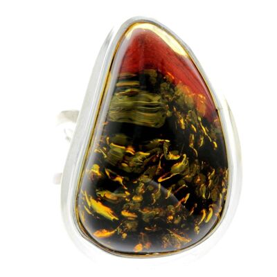 925 Sterling Silver & Genuine Green Baltic Amber Unique Ring - RG0663