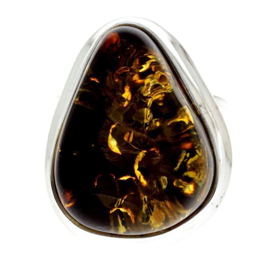 925 Sterling Silver & Genuine Green Baltic Amber Unique Ring - RG0661