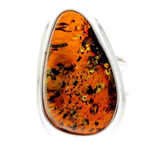 925 Sterling Silver & Genuine Green Baltic Amber Unique Ring - RG0660