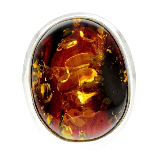 925 Sterling Silver & Genuine Green Baltic Amber Unique Ring - RG0659