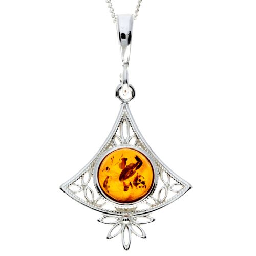 925 Sterling Silver & Genuine Baltic Amber Round Stone Modern Pendant - M2008