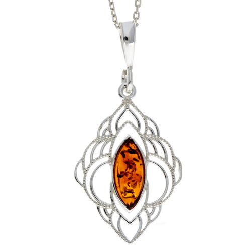 925 Sterling Silver & Genuine Baltic Amber Modern Pendant - M385C