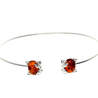 925 Sterling Silver & Genuine Baltic Amber Cat Solid Bangle - GL556
