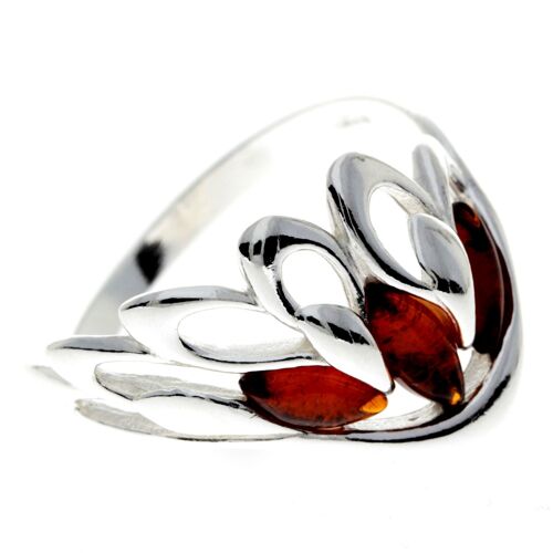 925 Sterling Silver & Genuine Baltic Amber Angel Wing Ring - GL738 - Cognac