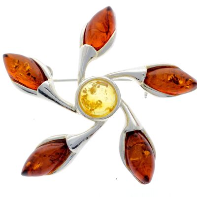 925 Sterling Silver & Genuine Baltic Amber Star Brooch - GL809