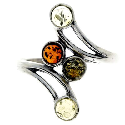 925 Sterling Silver & Genuine Baltic Amber Multi Stones Modern Ring - 7355 - Mix