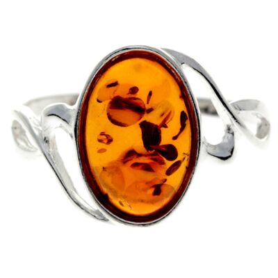 925 Sterling Silver & Genuine Oval Baltic Amber Classic Ring - AR11 - Cognac