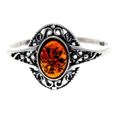 Klassischer keltischer Ring aus 925er Sterlingsilber und baltischem Bernstein – AR9 – Cognac