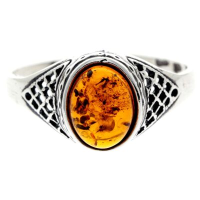 925 Sterling Silver & Genuine Baltic Amber Oval Celtic Ring - AR8 - Green