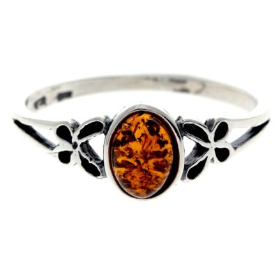 925 Sterling Silver & Genuine Oval Baltic Amber Ring with Butterfly - AR7 - Cognac