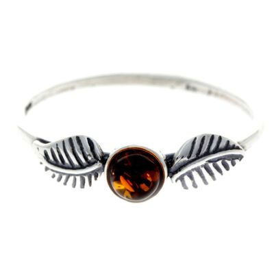 925 Sterling Silver & Genuine Baltic Amber Round Classic Ring with Leafs - AR6 - Cognac