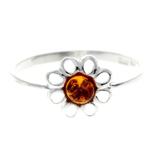 925 Sterling Silver & Genuine Round Baltic Amber Classic Flower Ring - AR4